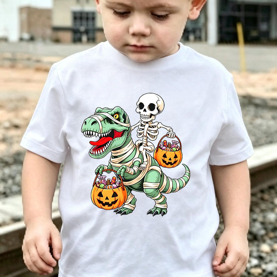Halloween T-Shirt - Spooky Skeleton Riding Dinosaur & Pumpkin Graphic Tee - Boys & Girls Party Outfit - Soft Everyday Shirt - Birthday or Halloween Party Gift 2