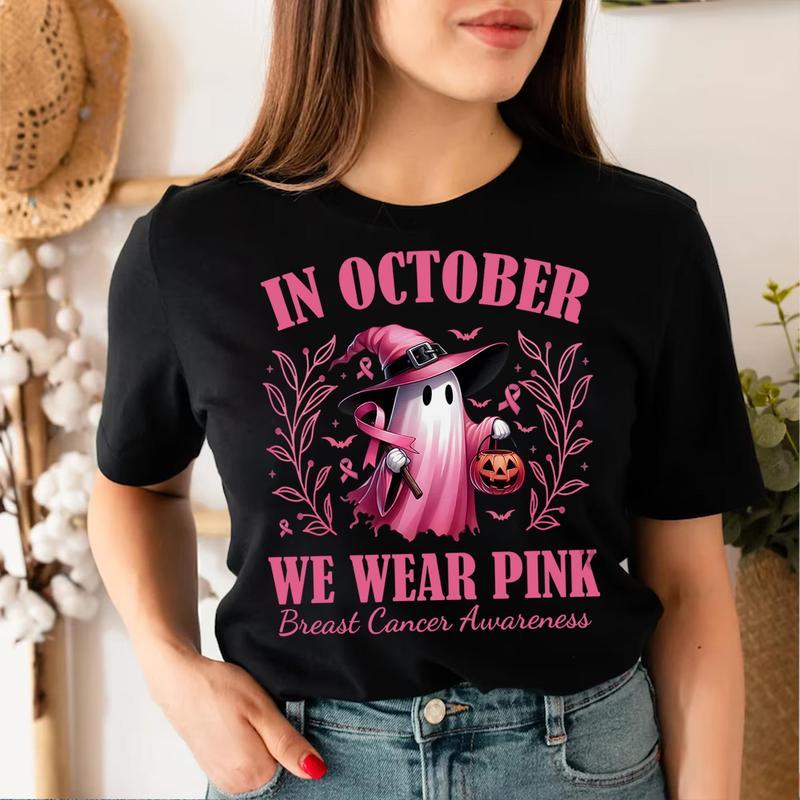 [100% Cotton] In October We Wear Pink Ghost Shirt, Halloween in October We Wear Pink, Breast Cancer Awareness Shirt, Pink Ribbon Shirt  Golf Gift T-Shirt For Men and Women 3