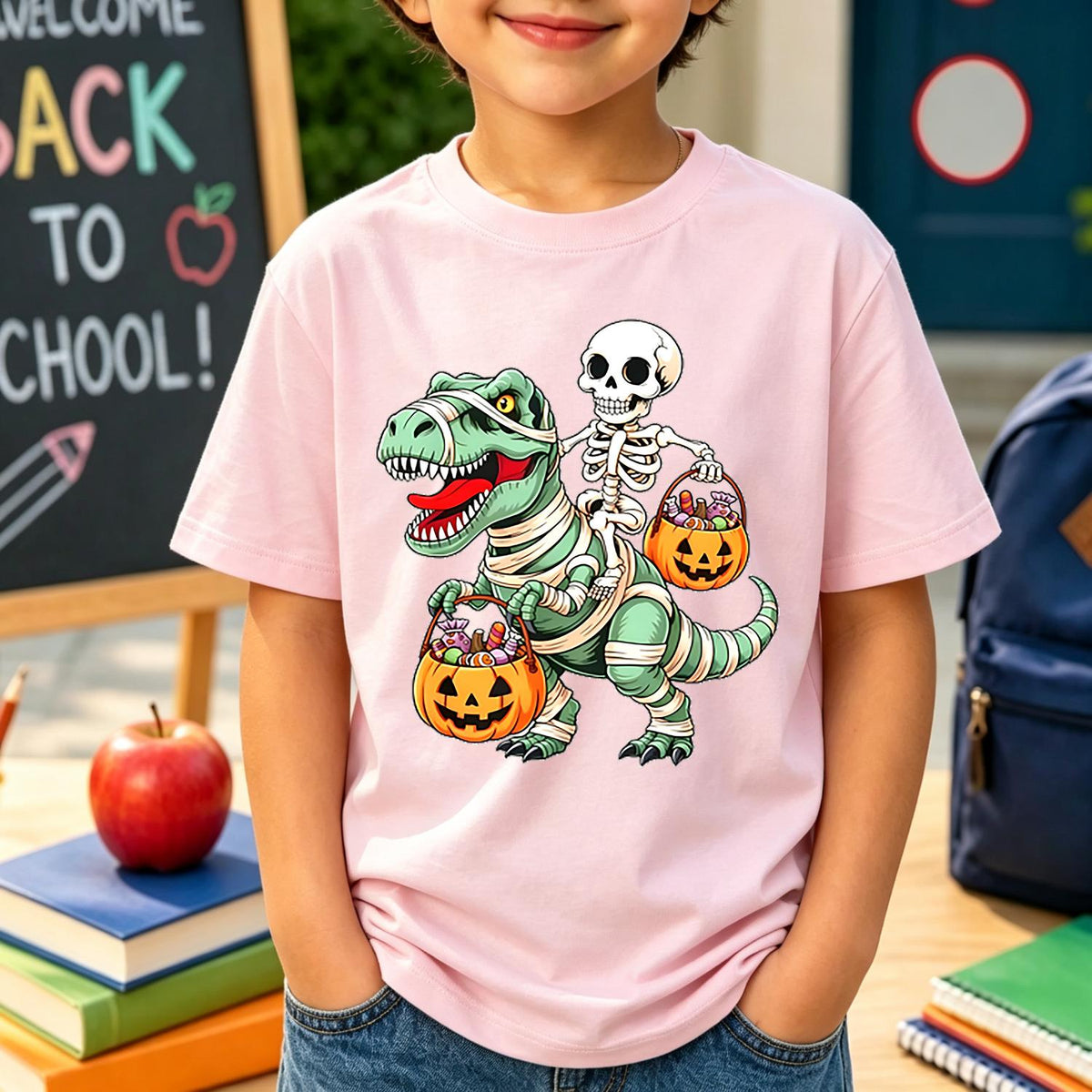 Halloween T-Shirt - Spooky Skeleton Riding Dinosaur & Pumpkin Graphic Tee - Boys & Girls Party Outfit - Soft Everyday Shirt - Birthday or Halloween Party Gift 3