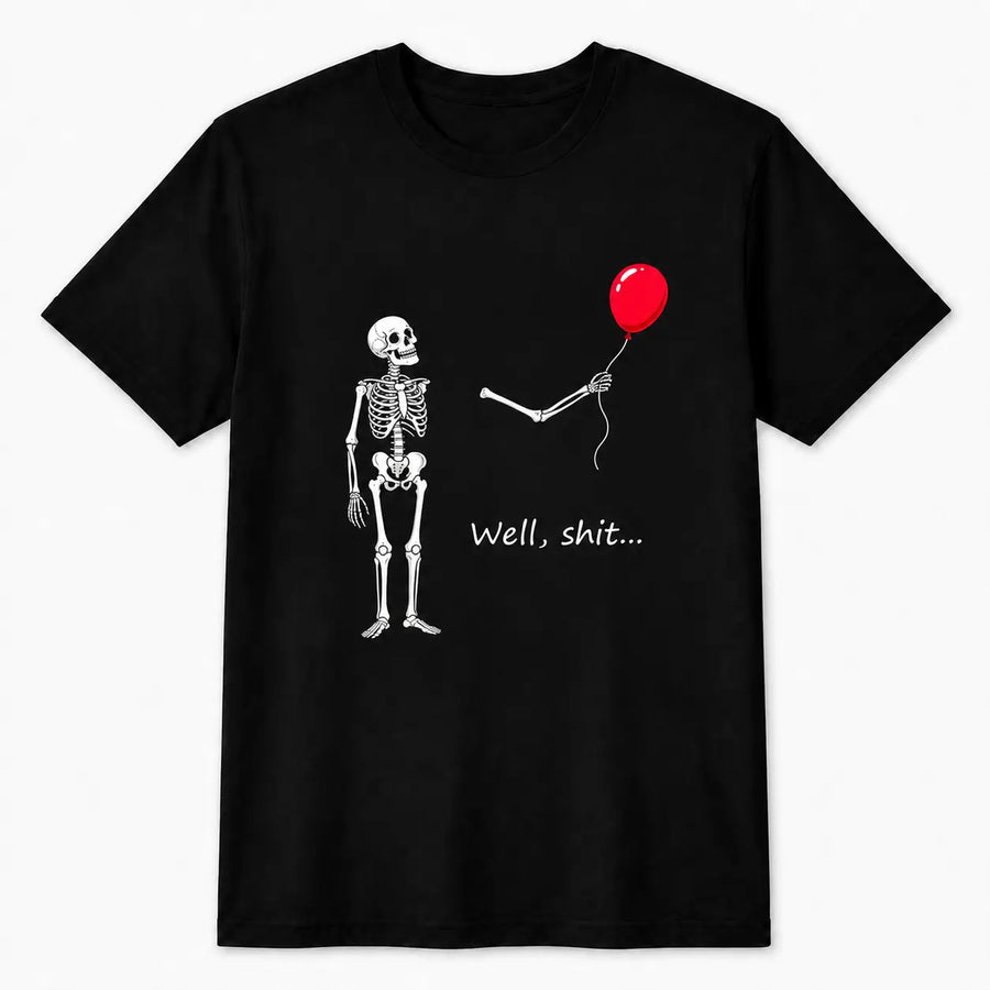 Funny Skeleton Balloon Shirt, Dark Humor Graphic Tee, Halloween Style Black Short Sleeve Cotton Blend Top, Skeleton Gift Shirt