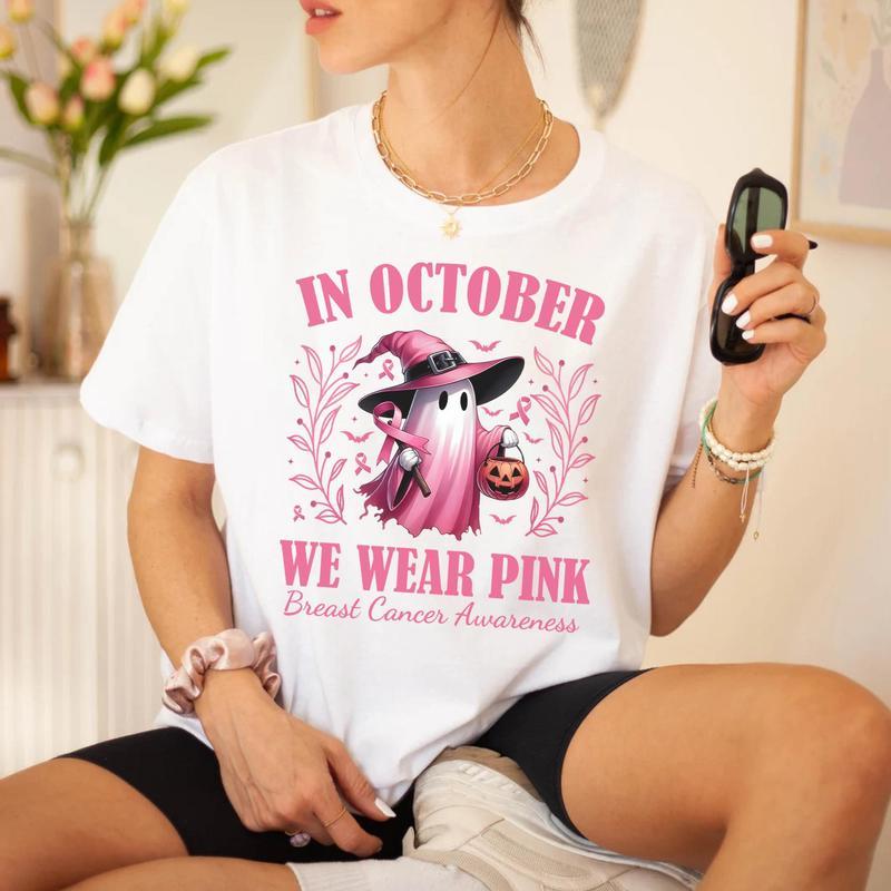 [100% Cotton] In October We Wear Pink Ghost Shirt, Halloween in October We Wear Pink, Breast Cancer Awareness Shirt, Pink Ribbon Shirt  Golf Gift T-Shirt For Men and Women 2