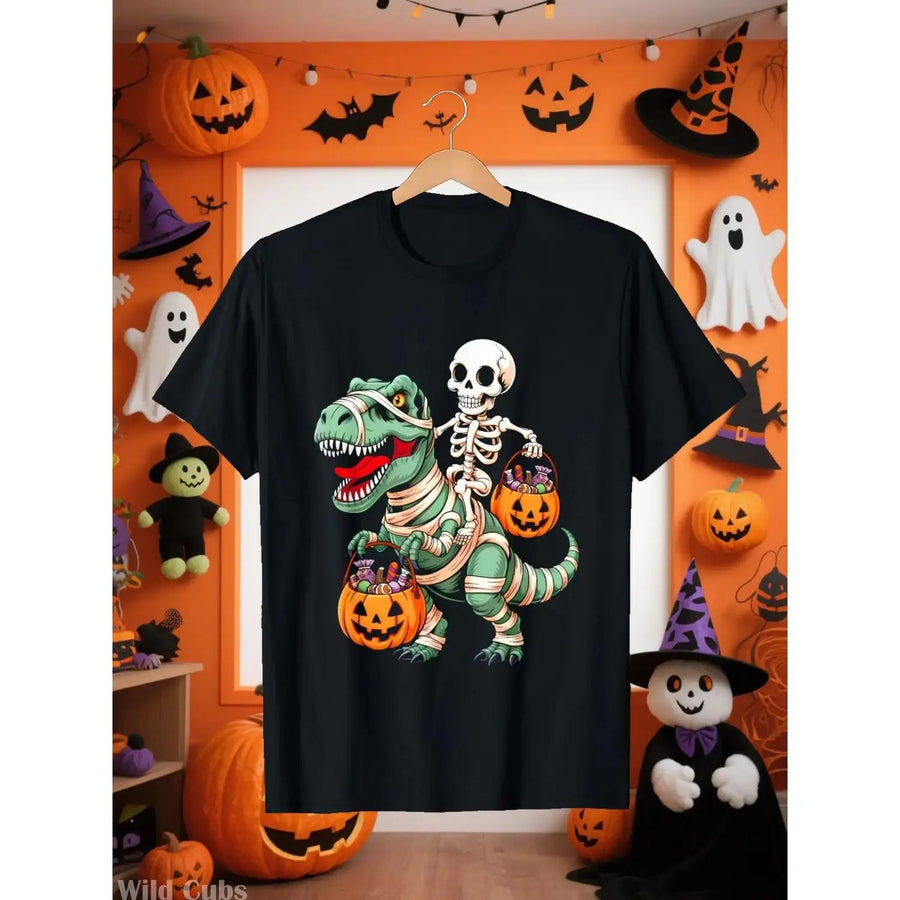 Halloween T-Shirt - Spooky Skeleton Riding Dinosaur & Pumpkin Graphic Tee - Boys & Girls Party Outfit - Soft Everyday Shirt - Birthday or Halloween Party Gift 10