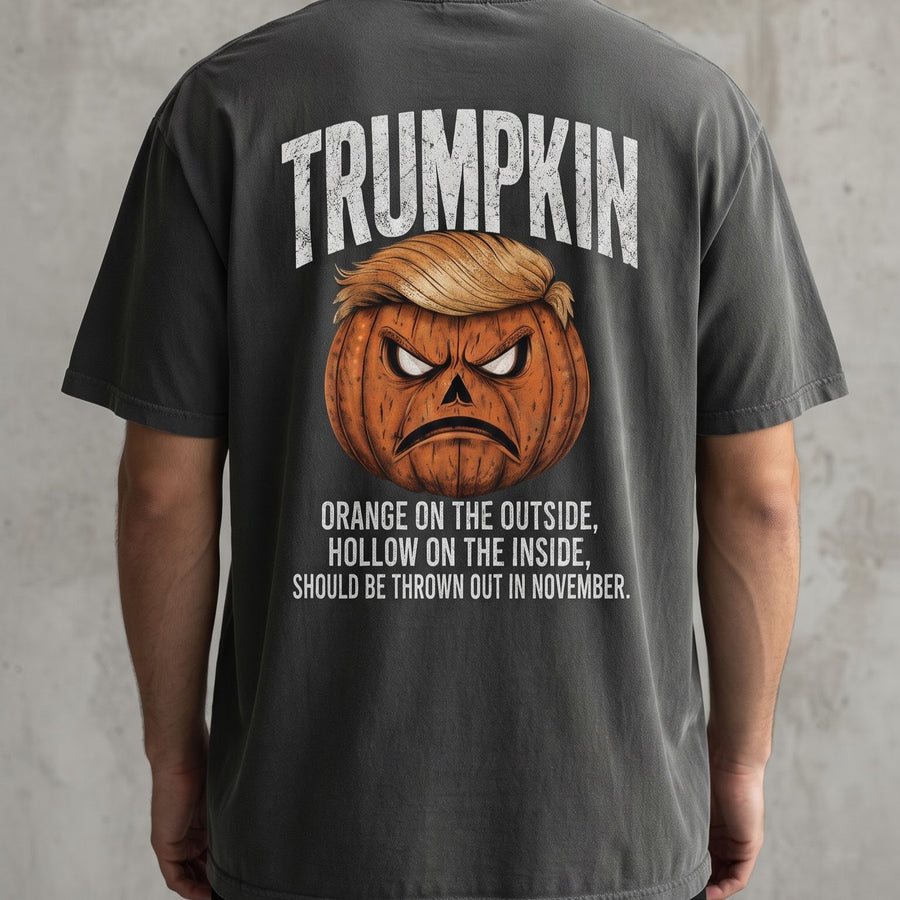Trumpkin Halloween Back Print Shirt, Funny Trump Pumpkin Graphic T-Shirt, Political Halloween Tee, Anti Trump Spooky Season Shirt