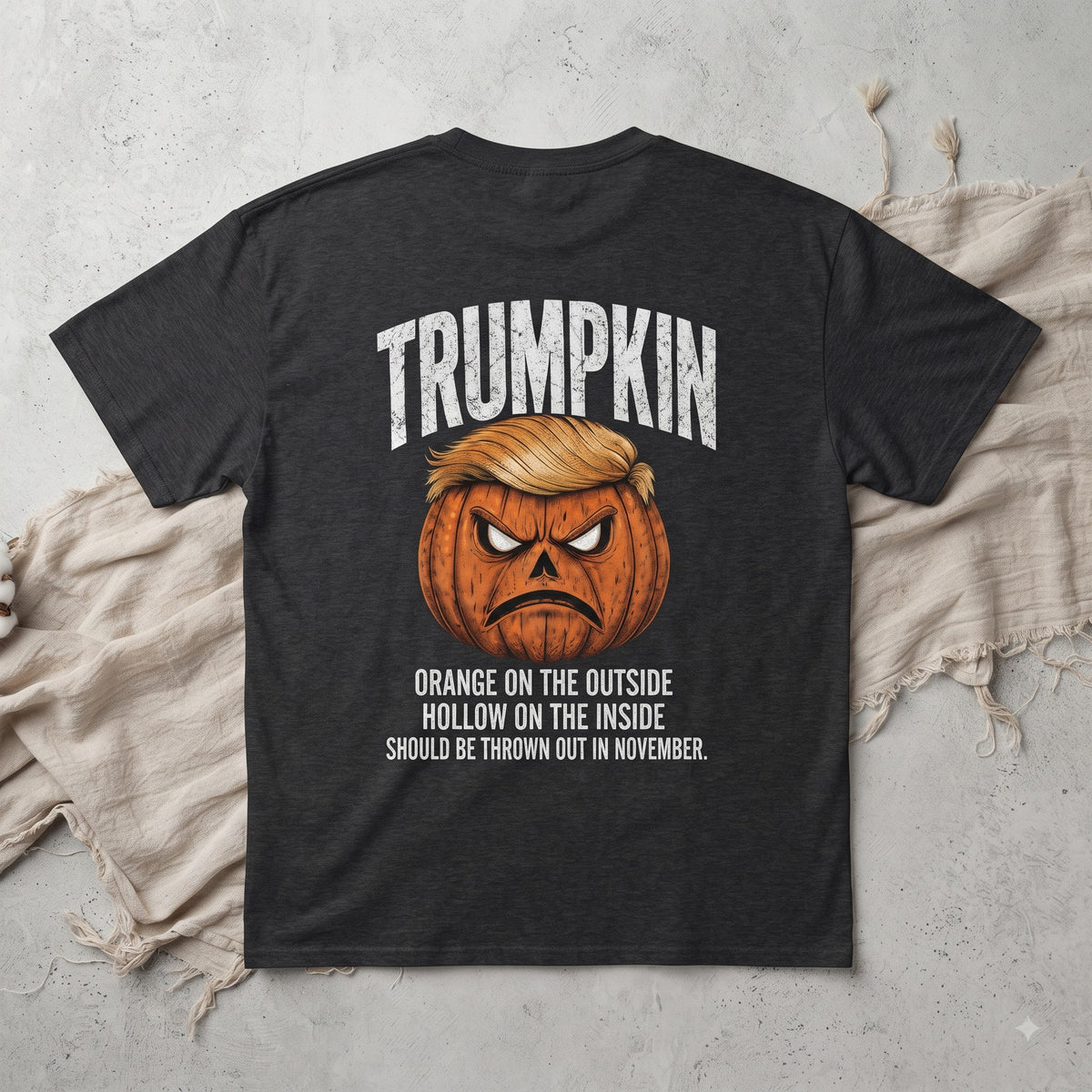 Trumpkin Halloween Back Print Shirt, Funny Trump Pumpkin Graphic T-Shirt, Political Halloween Tee, Anti Trump Spooky Season Shirt