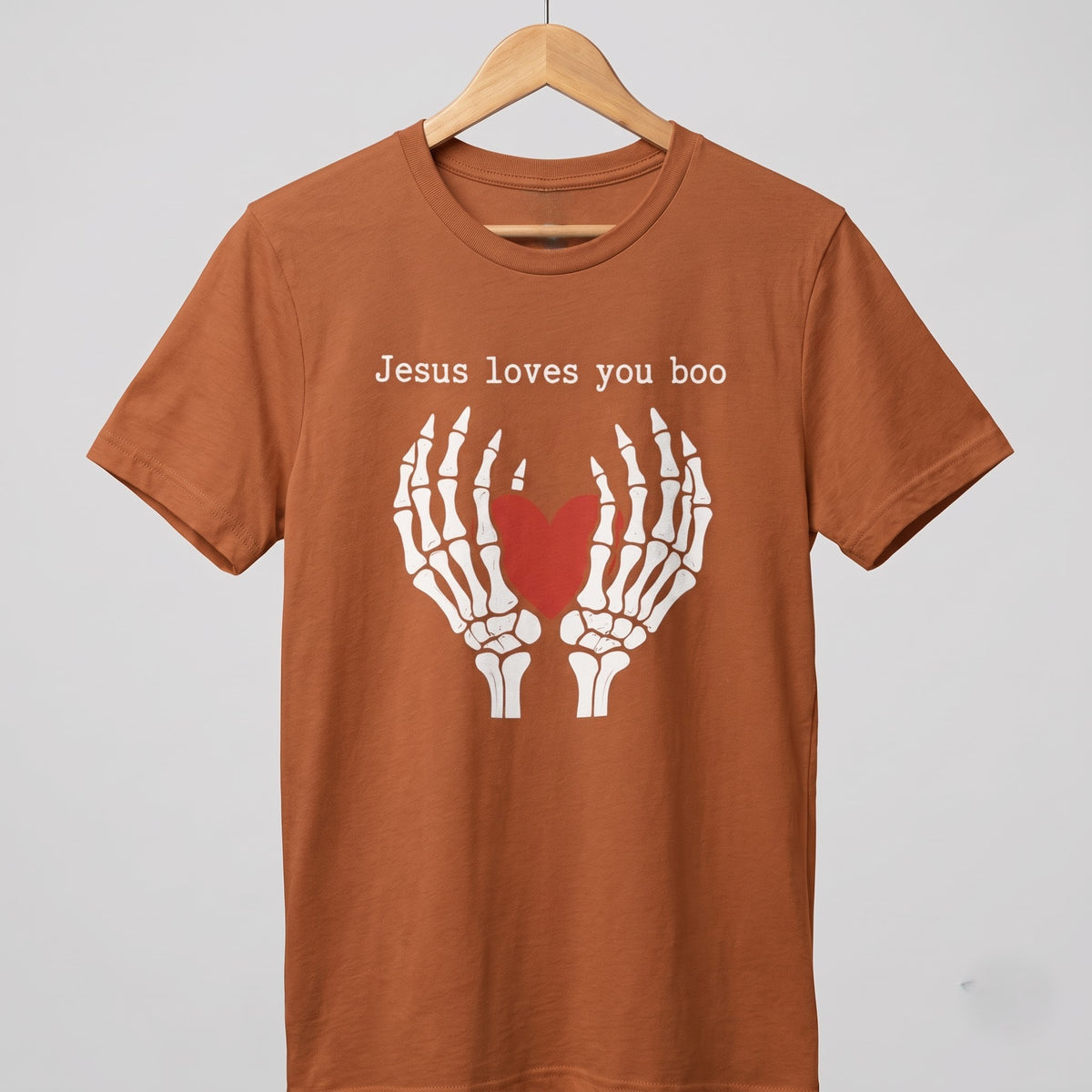 Christian Halloween T-Shirt, Jesus Loves You Boo Shirt, Skeleton Hands Heart Shirt, Cute Spooky Season T-Shirt