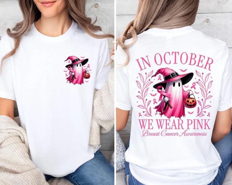 In October We Wear Pink Ghost Shirt, Halloween in October We Wear Pink, Breast Cancer Awareness Shirt,  Pink Ribbon Shirt, Wear Pink Pumpkin PGS0018 2