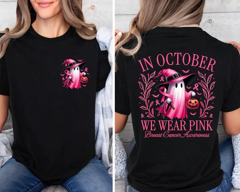 In October We Wear Pink Ghost Shirt, Halloween in October We Wear Pink, Breast Cancer Awareness Shirt,  Pink Ribbon Shirt, Wear Pink Pumpkin PGS0018 3