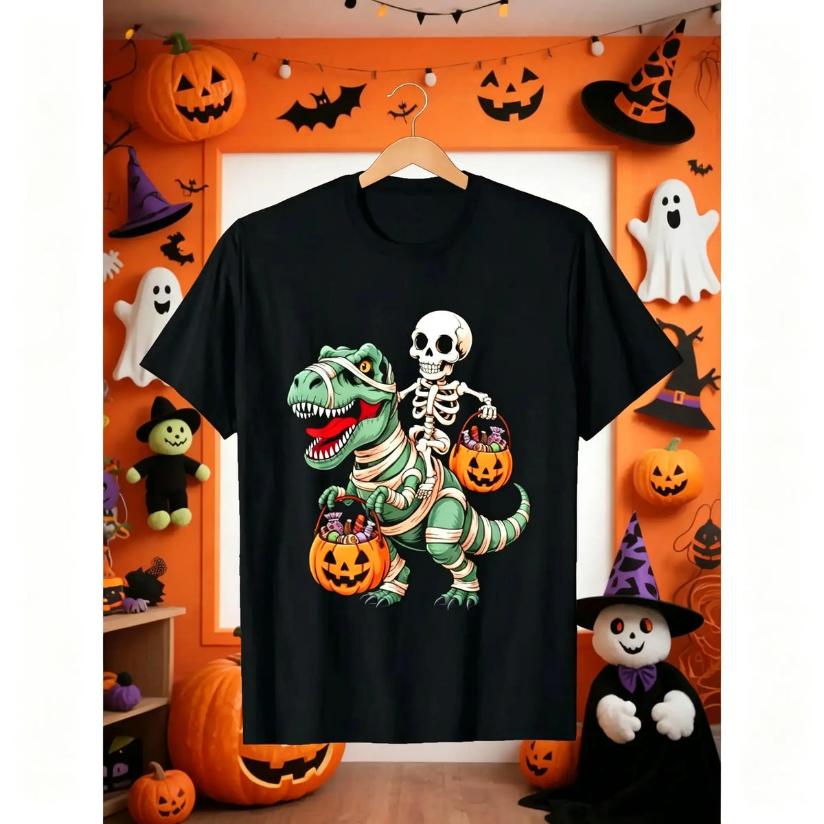 Halloween T-Shirt - Spooky Skeleton Riding Dinosaur & Pumpkin Graphic Tee - Boys & Girls Party Outfit - Soft Everyday Shirt - Birthday or Halloween Party Gift