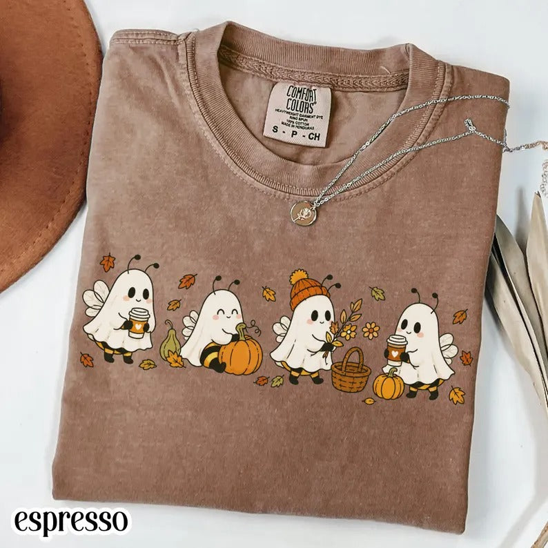 Boo Bees Fall Shirt Ghost Halloween Autumn Coffee Tee Pumpkin Patch Cozy Season Fall October TShirt Bumble Insect Tee