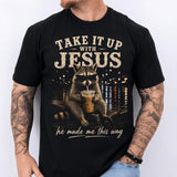 Take It Up With Jesus He Made Me This Way Raccoon T-shirt, Funny Christian Faith Raccoon Coffee Lover