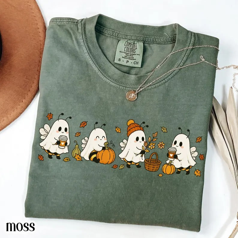 Boo Bees Fall Shirt Ghost Halloween Autumn Coffee Tee Pumpkin Patch Cozy Season Fall October TShirt Bumble Insect Tee
