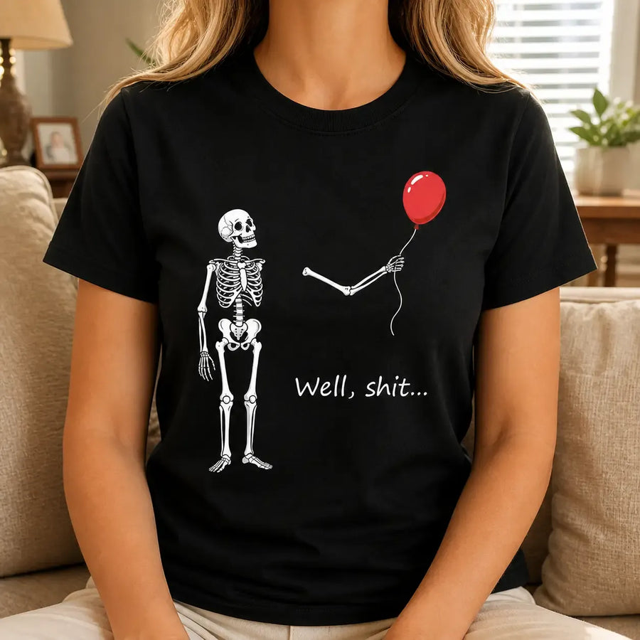 Funny Skeleton Balloon Shirt, Dark Humor Graphic Tee, Halloween Style Black Short Sleeve Cotton Blend Top, Skeleton Gift Shirt