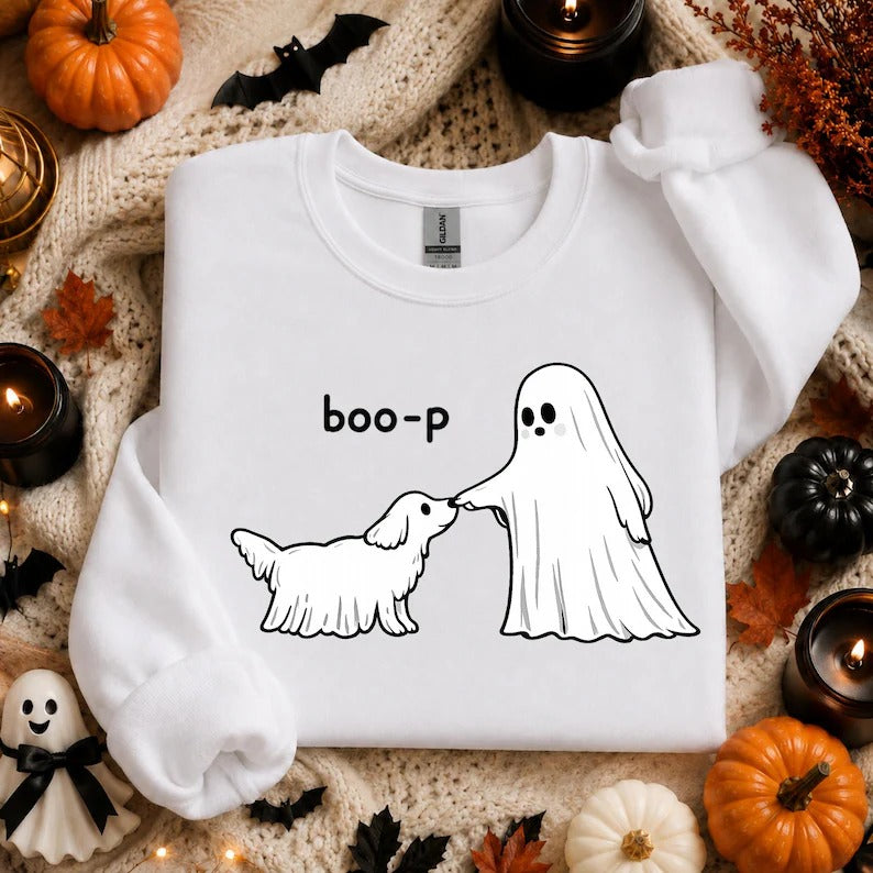 Cute Ghost Dog Sweatshirt, Boo-P Halloween Crewneck, Funny Dog Lover Shirt, Spooky Season Pullover, Pet Owner Halloween Gift