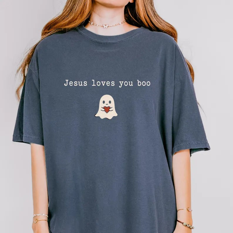 Christian Halloween Ghost T-Shirt, Jesus Loves You Boo Shirt, Cute Spooky Season Shirt