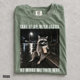 Take It Up With Jesus Comfort Colors Shirt, Grunge Raccoon Holding Bubble Tea, Funny Christian Raccoon Tee, Sarcastic Faith Gift
