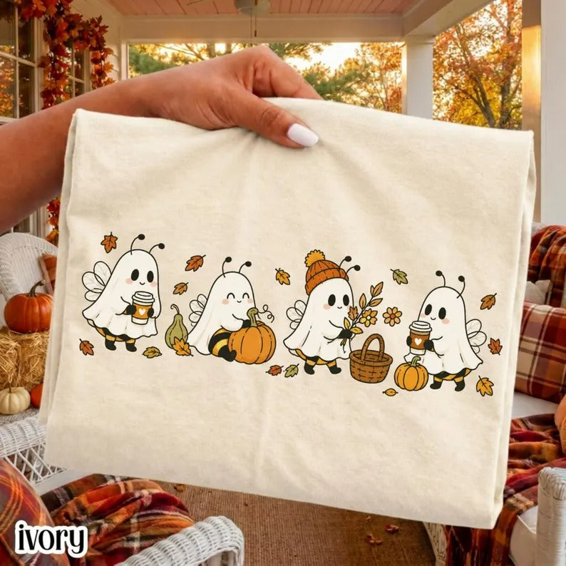 Boo Bees Fall Shirt Ghost Halloween Autumn Coffee Tee Pumpkin Patch Cozy Season Fall October TShirt Bumble Insect Tee