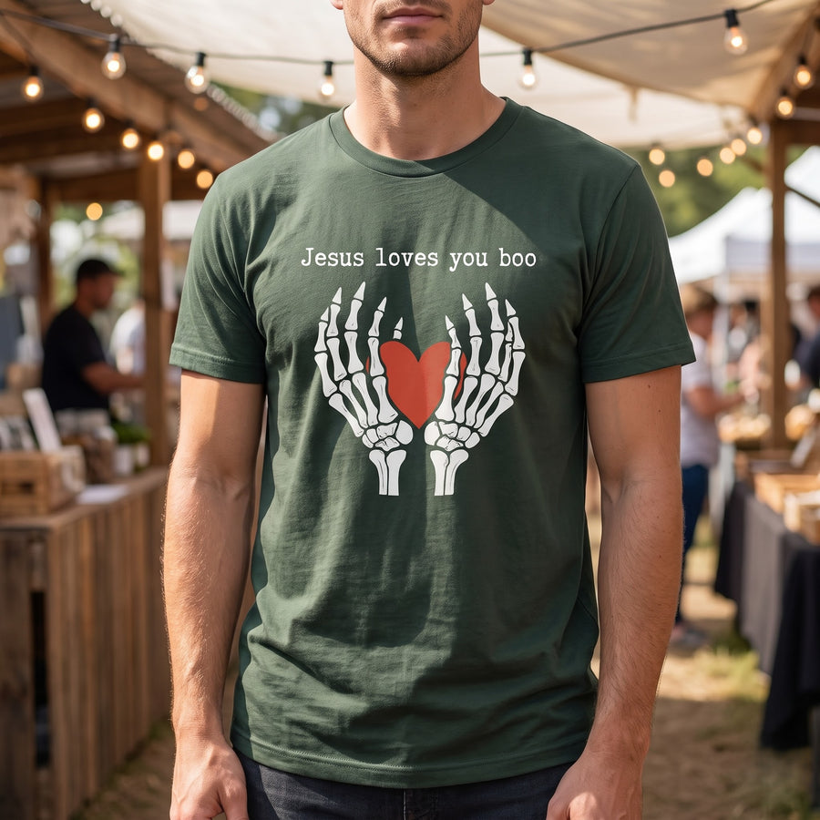 Christian Halloween T-Shirt, Jesus Loves You Boo Shirt, Skeleton Hands Heart Shirt, Cute Spooky Season T-Shirt