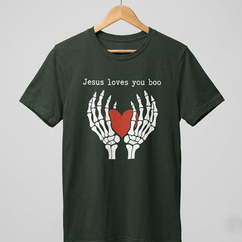 Christian Halloween T-Shirt, Jesus Loves You Boo Shirt, Skeleton Hands Heart Shirt, Cute Spooky Season T-Shirt